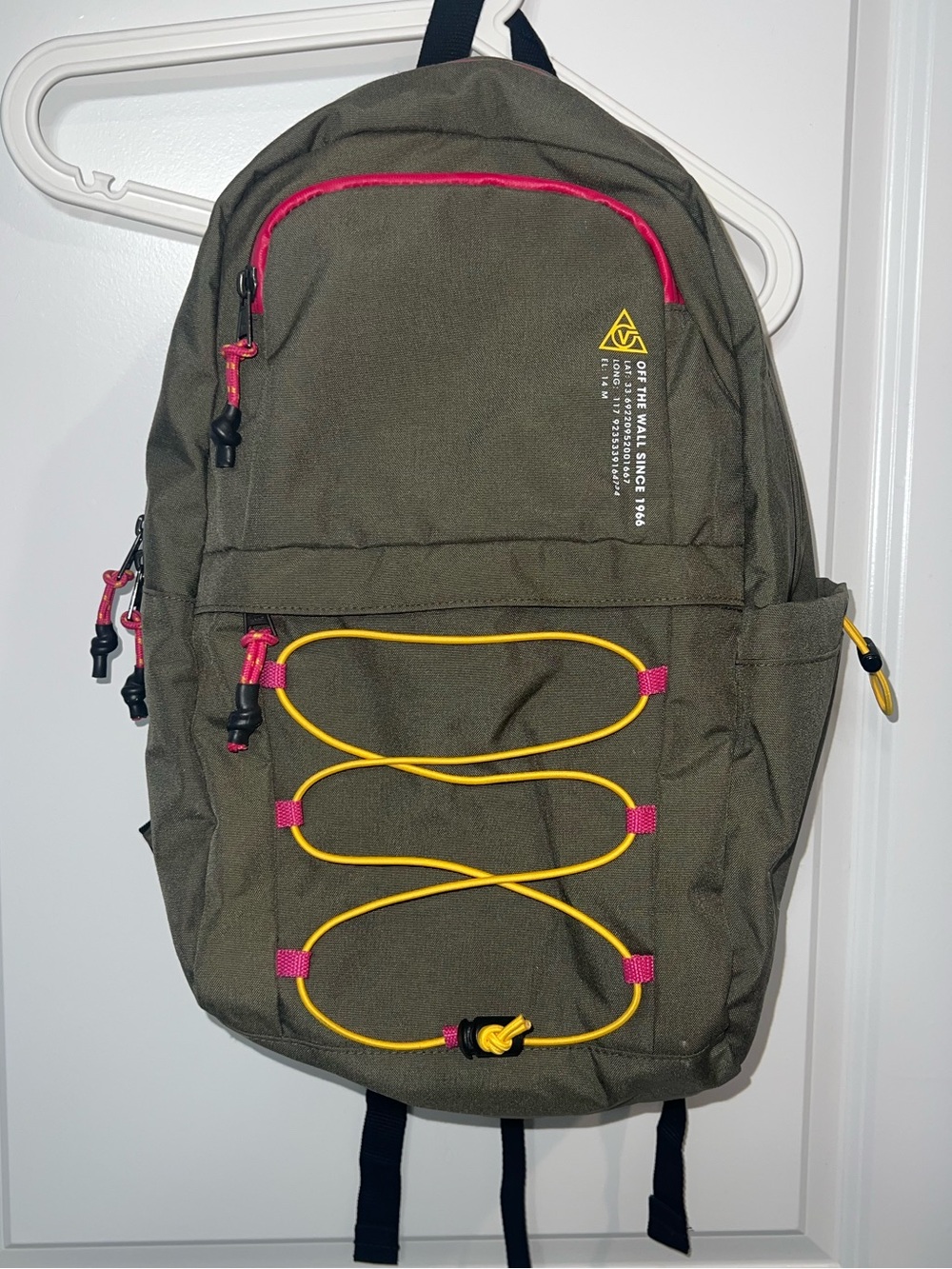 Vans Olive Green Backpack with Yellow & Pink Accents